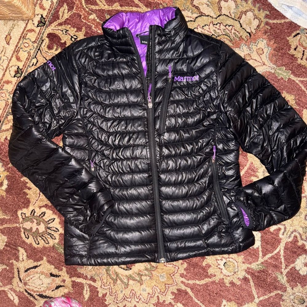 Marmot Puffer Jacket Black and Purple Insulated Design